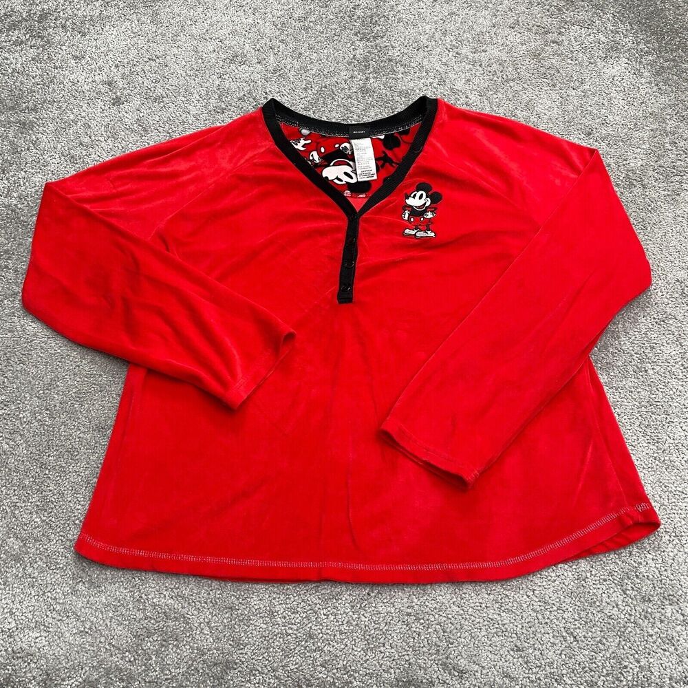 Disney Mickey Mouse Sleepwear Shirt Women XL Red Henley Long Sleeve Pajama Top